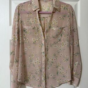 Express Floral Sheer Button Down Shirt - Pink and White
